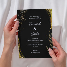 Invitación Floral elegante de oro negro | Boda de diseño de h