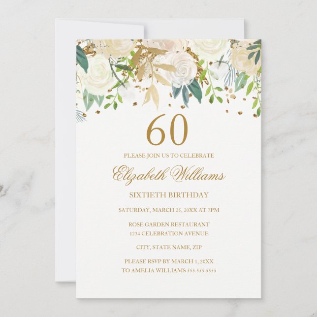 Invitación floral elegante de oro para cumpleaños  (Anverso)
