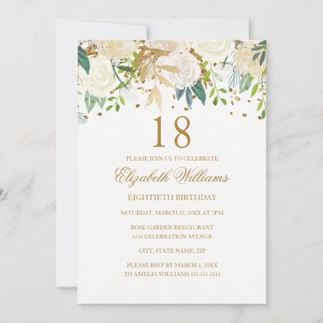 Invitación floral elegante de oro para cumpleaños  (Anverso)
