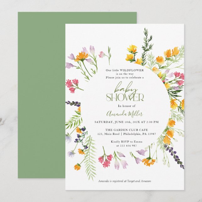 Invitación floral elegante de Wildflowers Baby Sho (Anverso / Reverso)