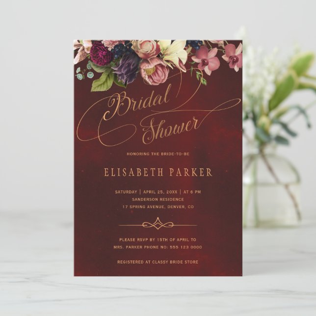 Invitación Floral elegante escritura burgundy ducha de novia (Anverso de pie)