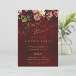 Invitación Floral elegante escritura burgundy ducha de novia