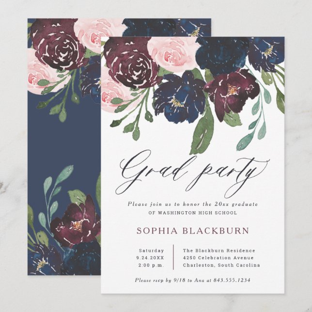 Invitación Floral elegante | Fiesta Naval Blue and Plum Grad (Anverso / Reverso)