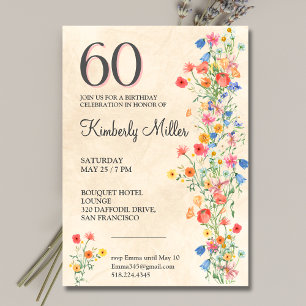 Invitación Floral elegante flores silvestres de 60 años 60 añ