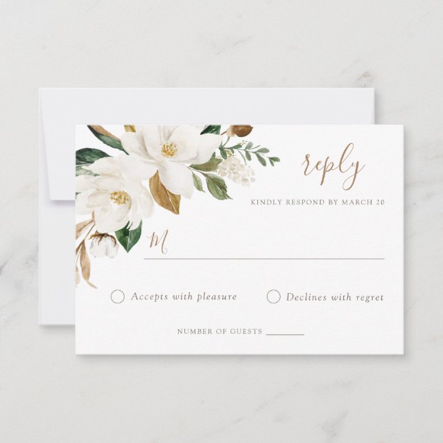 Invitación Floral Elegante Magnolia Rubor Boda Neutral RSVP (Anverso)