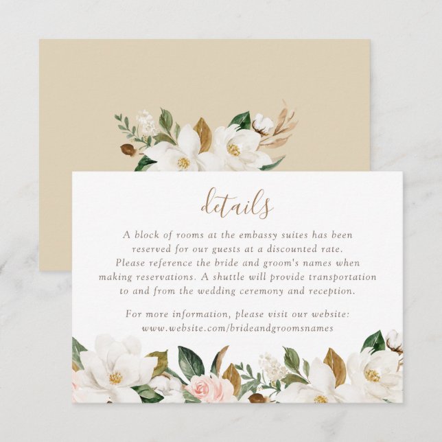 Invitación Floral Elegante Magnolia Rubor Detalles Neutrales  (Anverso / Reverso)