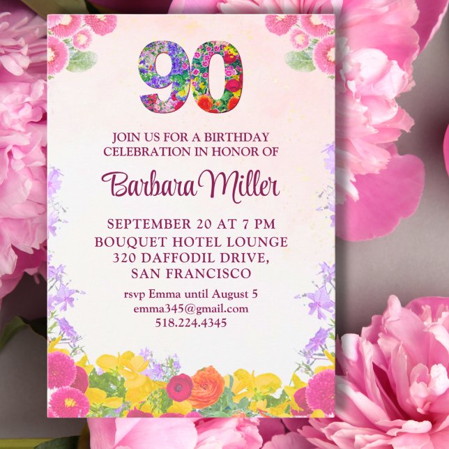 Invitación floral elegante pastel para 90 cumpleañ (Subido por el creador)