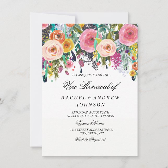 Invitación Floral Elegante Renta De Votos Rosa (Anverso)