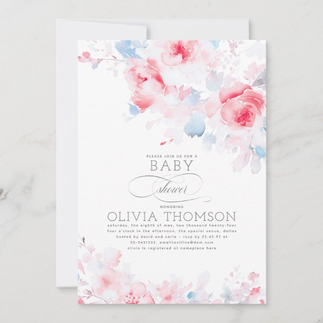 Invitación Floral Elegante Soft Dusty Blue Pink Baby Shower (Anverso)