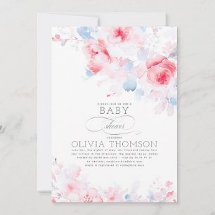 Invitación Floral Elegante Soft Dusty Blue Pink Baby Shower