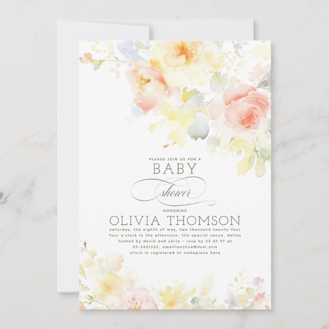 Invitación Floral Elegante suave verano Baby Shower (Anverso)