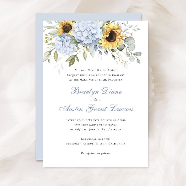 Invitación Floral Elegante Sunflowers Azul Hydrangea Boda (Subido por el creador)