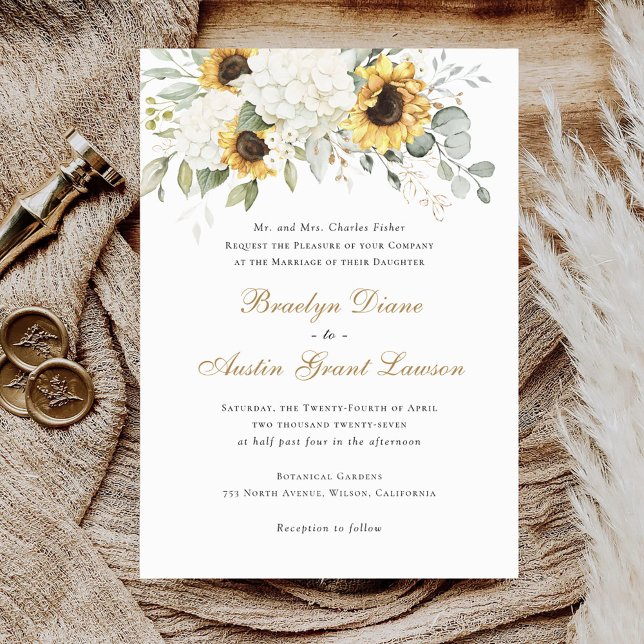 Invitación Floral Elegante Sunflowers White Hydrangea Boda (Subido por el creador)