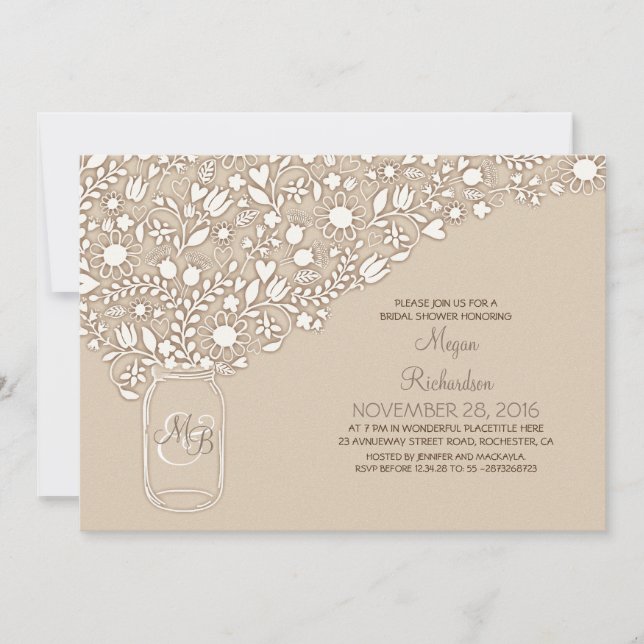 Invitación floral elegante tarro de masón lindo ducha de novi (Anverso)