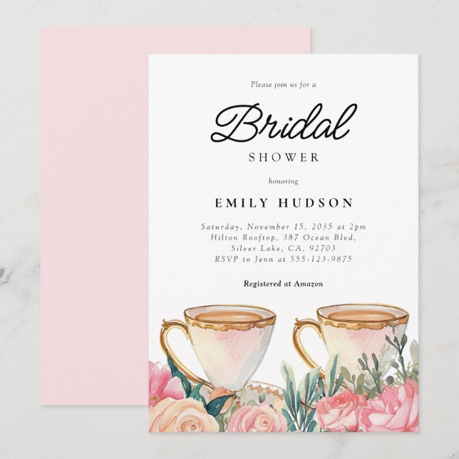 Invitación Floral Elegante Tea Fiesta Bridal Shower Invitació (Anverso / Reverso)