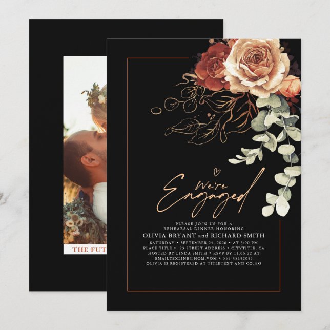 Invitación Floral elegante Terracota Black Engagement Party (Anverso / Reverso)