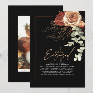 Invitación Floral elegante Terracota Black Engagement Party