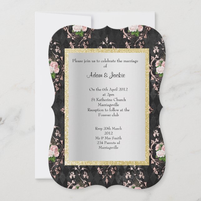 INVITACIÓN FLORAL ELEGANTE Y MODERNA BODA DAMASCO NEGRO (Anverso)