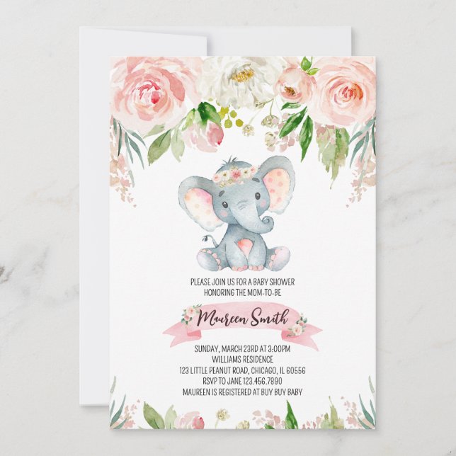 Invitación Floral Elephant Baby Shower (Anverso)