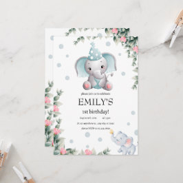 Invitación Floral Elephant Wild Chica de primer cumpleaños
