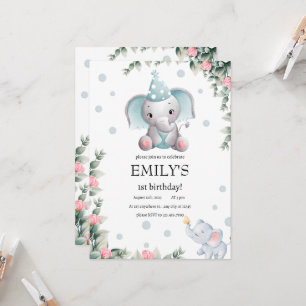 Invitación Floral Elephant Wild Chica de primer cumpleaños