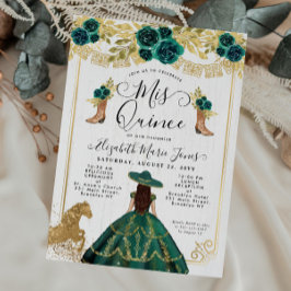 Invitación Floral Emerald Green Gold Boots Caballo Quinceaner
