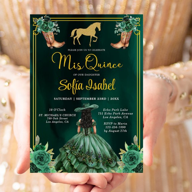 Invitación Floral Emerald Green Gold Boots Caballo Quinceaner (Subido por el creador)