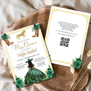 Invitación Floral Emerald Green Gold Boots Caballo Quinceaner