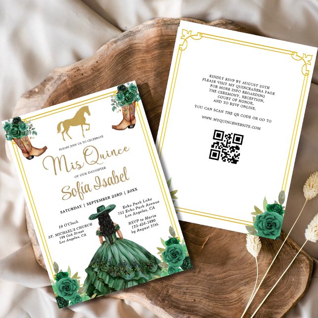 Invitación Floral Emerald Green Gold Boots Caballo Quinceaner (Subido por el creador)