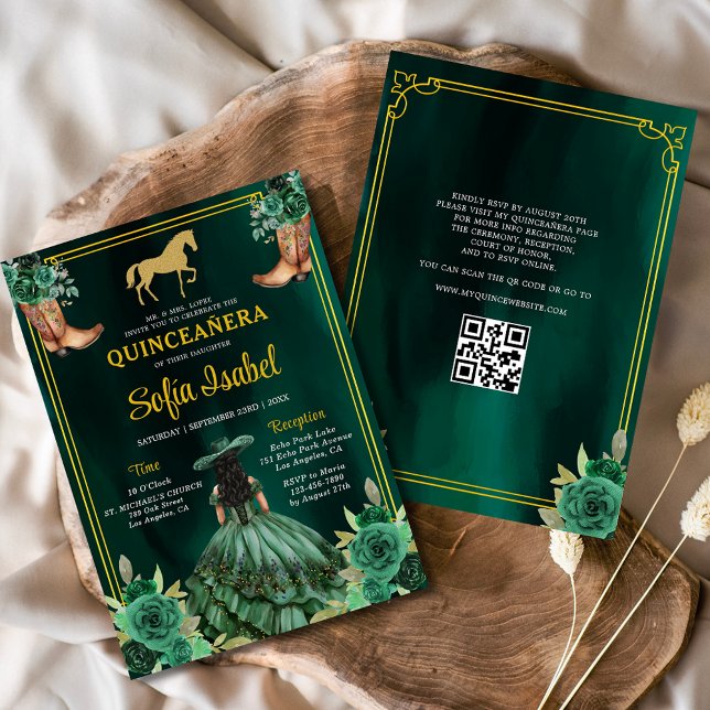 Invitación Floral Emerald Green Gold Boots Caballo Quinceaner (Subido por el creador)