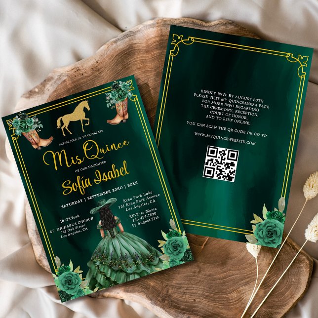 Invitación Floral Emerald Green Gold Boots Caballo Quinceaner (Subido por el creador)