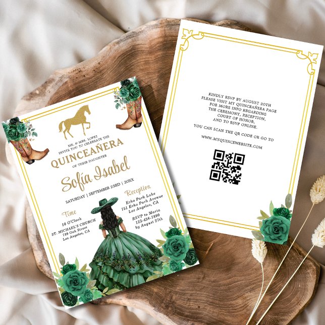 Invitación Floral Emerald Green Gold Boots Caballo Quinceaner (Subido por el creador)