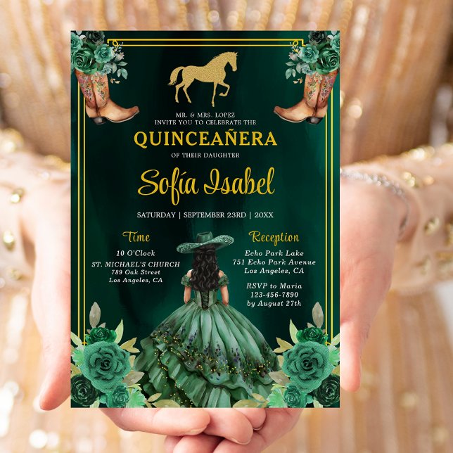 Invitación Floral Emerald Green Gold Boots Caballo Quinceaner (Subido por el creador)