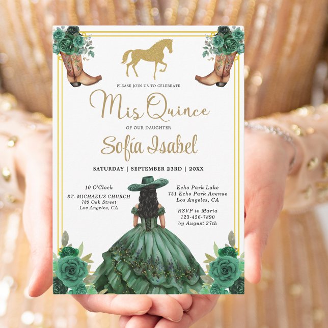 Invitación Floral Emerald Green Gold Boots Caballo Quinceaner (Subido por el creador)