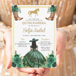 Invitación Floral Emerald Green Gold Boots Caballo Quinceaner