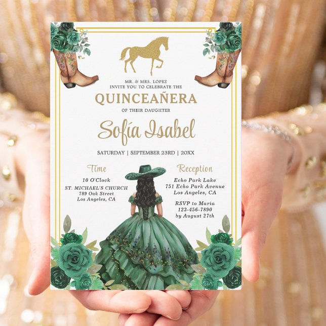 Invitación Floral Emerald Green Gold Boots Caballo Quinceaner (Subido por el creador)