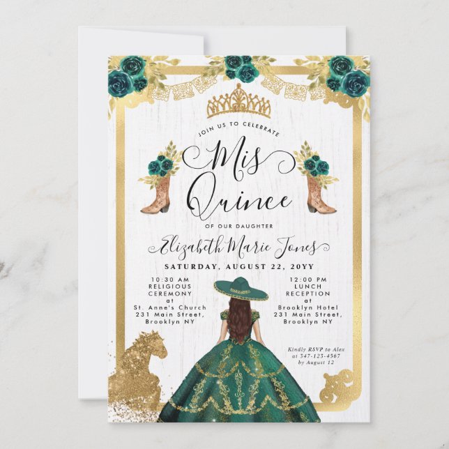 Invitación Floral Emerald Green Gold Tiara Charra Quinceanera (Anverso)