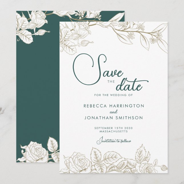 Invitación Floral Emerald Green Gold Wedding Save The Date (Anverso / Reverso)