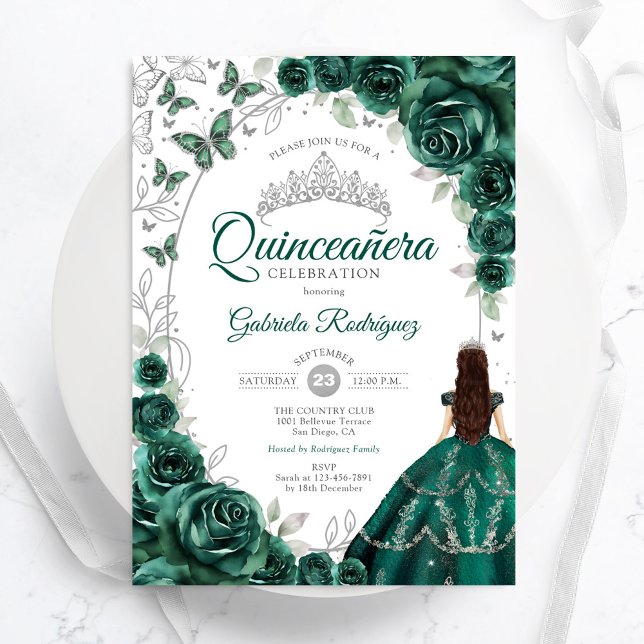 Invitación Floral Emerald Green Silver Quinceanera (Subido por el creador)