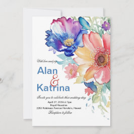 Invitación Floral en Acuarela en Azul Rosa Melocotón para Bod