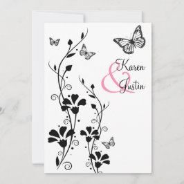 Invitación Floral en blanco y negro con mariposas en las líne