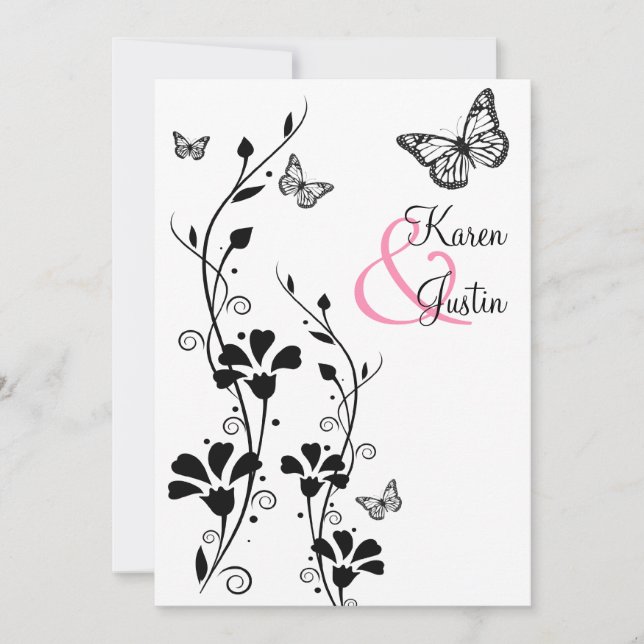 Invitación Floral en blanco y negro con mariposas en las líne (Anverso)
