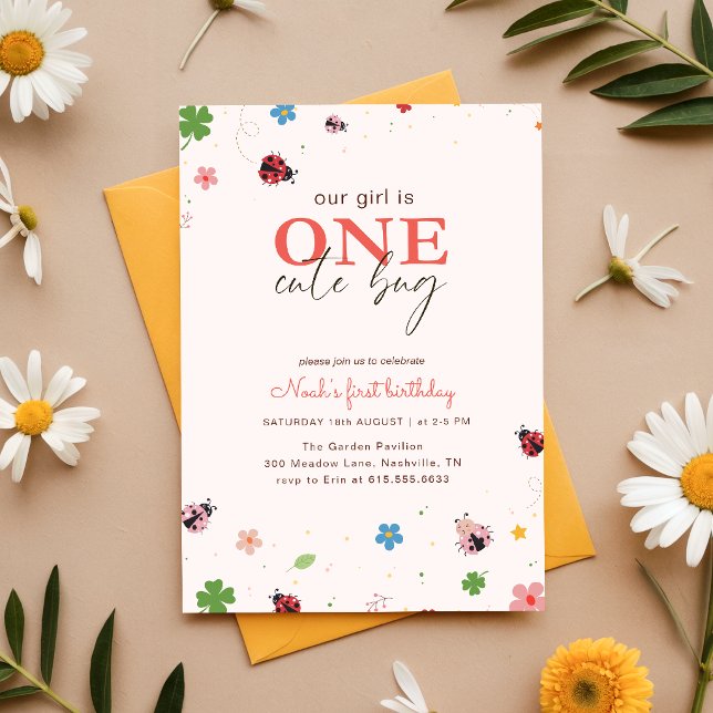 Invitación Floral en Cute Bug Ladybug Cumpleaños número 1 Fie (Subido por el creador)