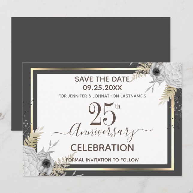 Invitación Floral en el 25° aniversario del Boda salva la fec (Anverso / Reverso)