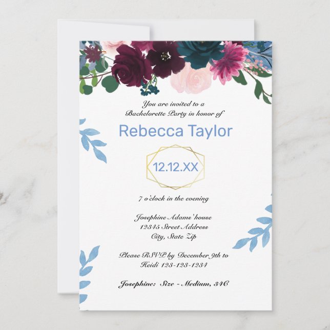 Invitación Floral en flor vertical azul - Fiesta de bachiller (Anverso)