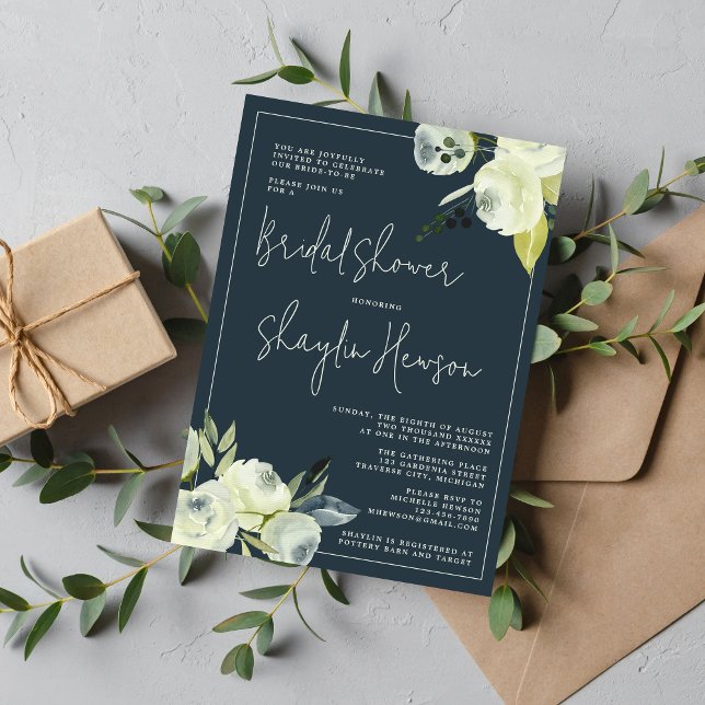 Invitación Floral encantada Medianoche Blue Bridal Shower (Subido por el creador)