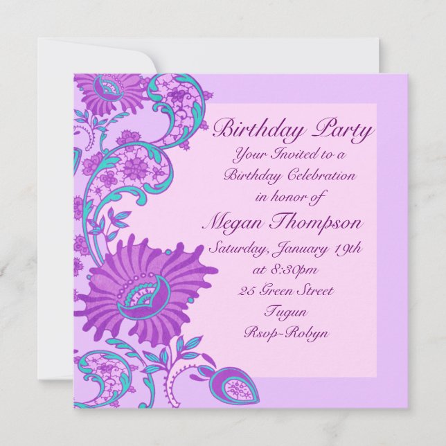 Invitación floral enorme rosada y púrpura del (Anverso)