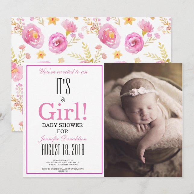 Invitación Floral ¡Es un Chica! Baby Shower de fotos rosadas (Anverso / Reverso)