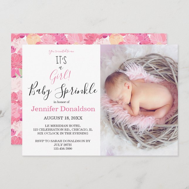 Invitación Floral ¡Es un Chica! Pink Photo Baby Sprinkle (Anverso / Reverso)
