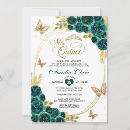Invitación Floral Esmeralda Oro Tiara Mariposa Quinceañera
